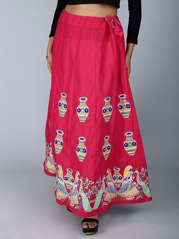 exotic india Multicolor Intricate Embroidered Ghagra Skirt from Gujarat with Floral Peacock Motif 