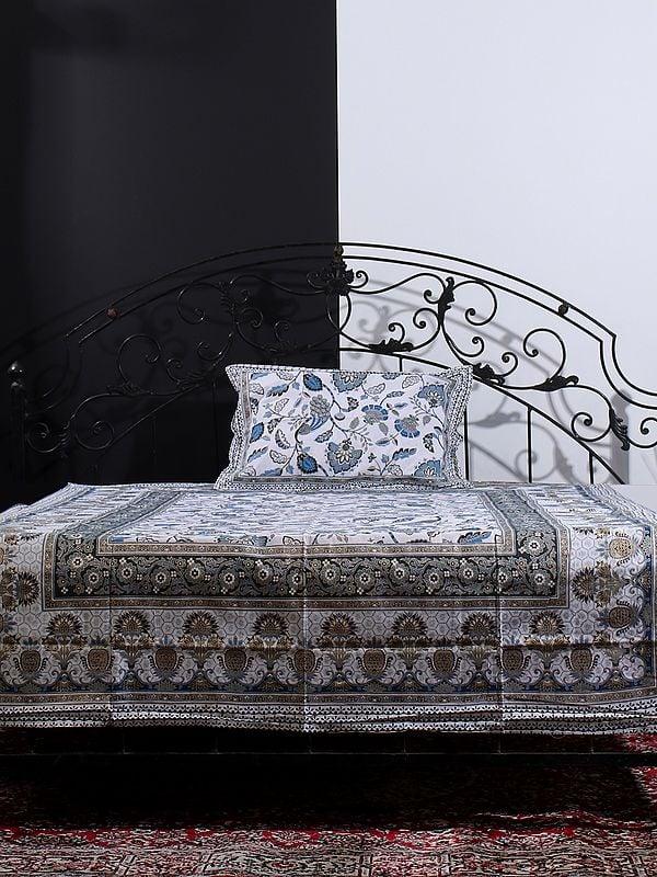 Exotic India Multicolor Jaipuri Sanganeri Floral Vine-Peacock Print Single Size Bedsheet With One Pillow Cover 