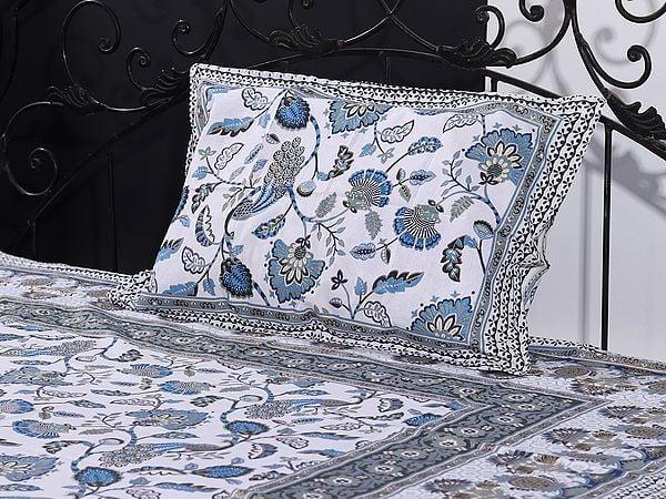 Exotic India Multicolor Jaipuri Sanganeri Floral Vine-Peacock Print Single Size Bedsheet With One Pillow Cover 
