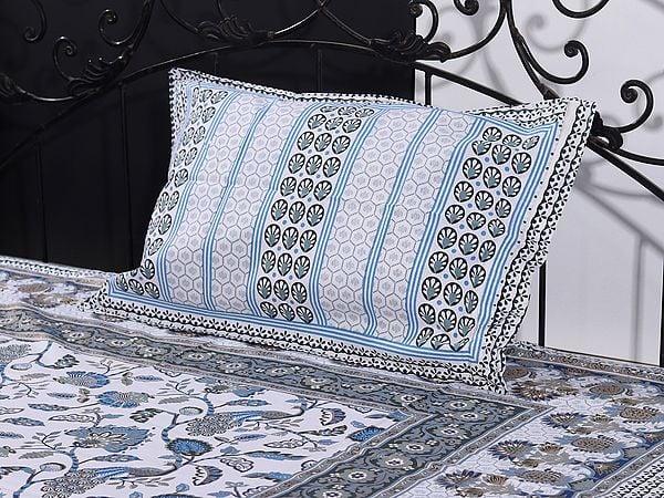 Exotic India Multicolor Jaipuri Sanganeri Floral Vine-Peacock Print Single Size Bedsheet With One Pillow Cover 