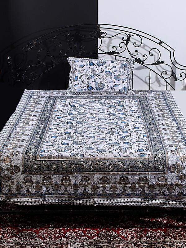 exotic india Multicolor Jaipuri Sanganeri Floral Vine-Peacock Print Single Size Bedsheet with One Pillow Cover 