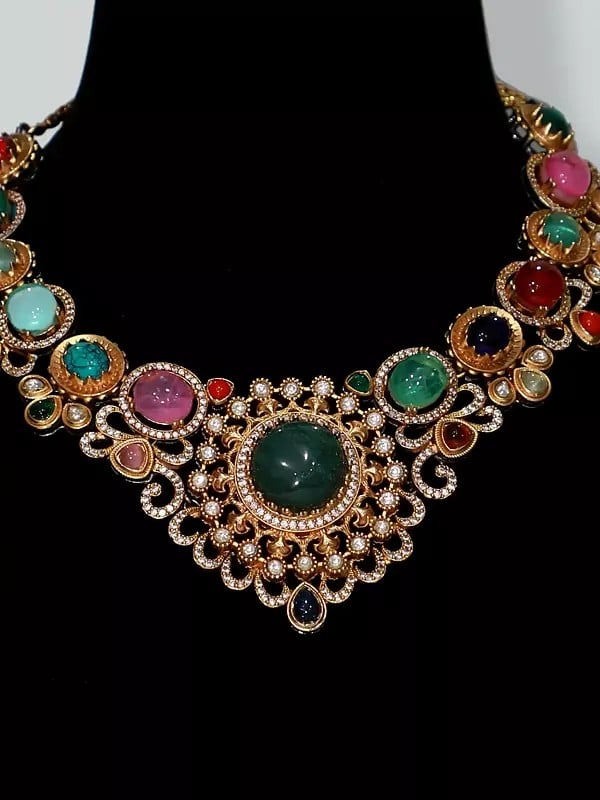 Exotic India Multicolor Kundan Stone Studded Necklace Set With Earrings 