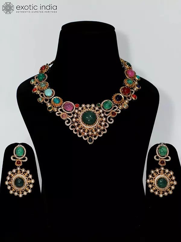 exotic india Multicolor Kundan Stone Studded Necklace Set With Earrings