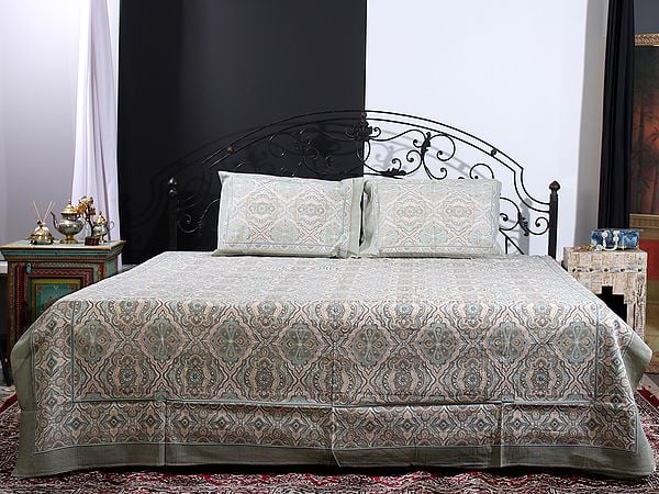 Exotic India Multicolor Mediterranean Motif Handblock Printed Cotton Queen Size Bedsheet With Two Pillow Cover 