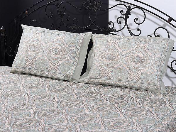 Exotic India Multicolor Mediterranean Motif Handblock Printed Cotton Queen Size Bedsheet With Two Pillow Cover 