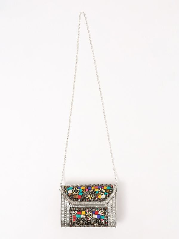 Exotic India Multicolor Mosaic Stone Metal Clutch Bag With Chain Strap 