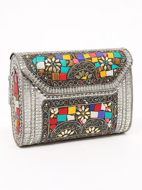 Exotic India Multicolor Mosaic Stone Metal Clutch Bag With Chain Strap 
