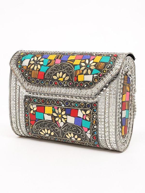Exotic India Multicolor Mosaic Stone Metal Clutch Bag With Chain Strap 
