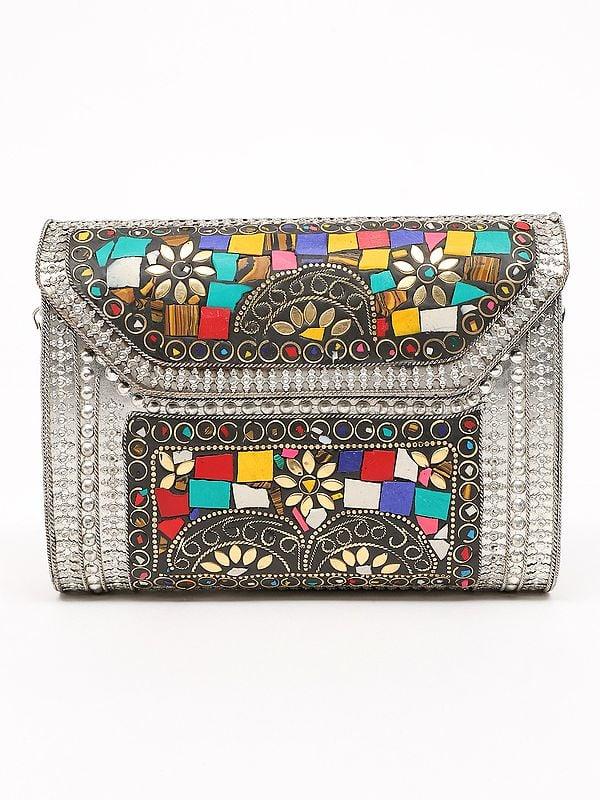 exotic india Multicolor Mosaic Stone Metal Clutch Bag with Chain Strap 