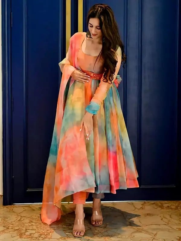 Exotic India Multicolor Organza Printed Anarkali Gown With Dupatta For Casual Occasion