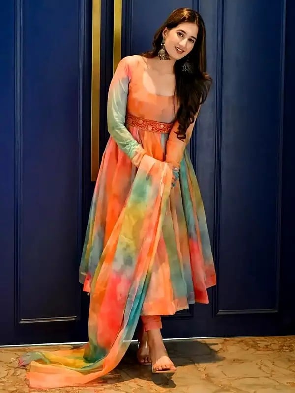 Exotic India Multicolor Organza Printed Anarkali Gown With Dupatta For Casual Occasion