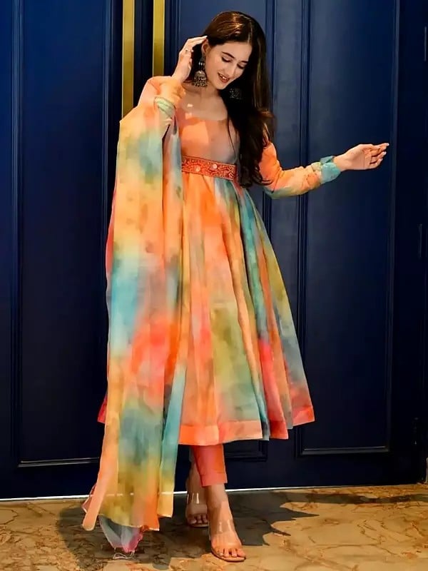 Exotic India Multicolor Organza Printed Anarkali Gown With Dupatta For Casual Occasion