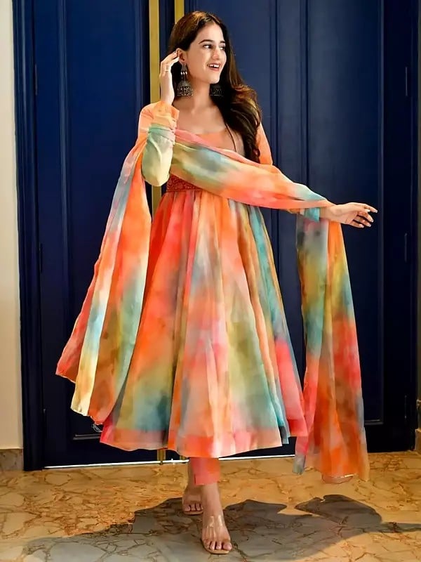 exotic india Multicolor Organza Printed Anarkali Gown With Dupatta For Casual Occasion 