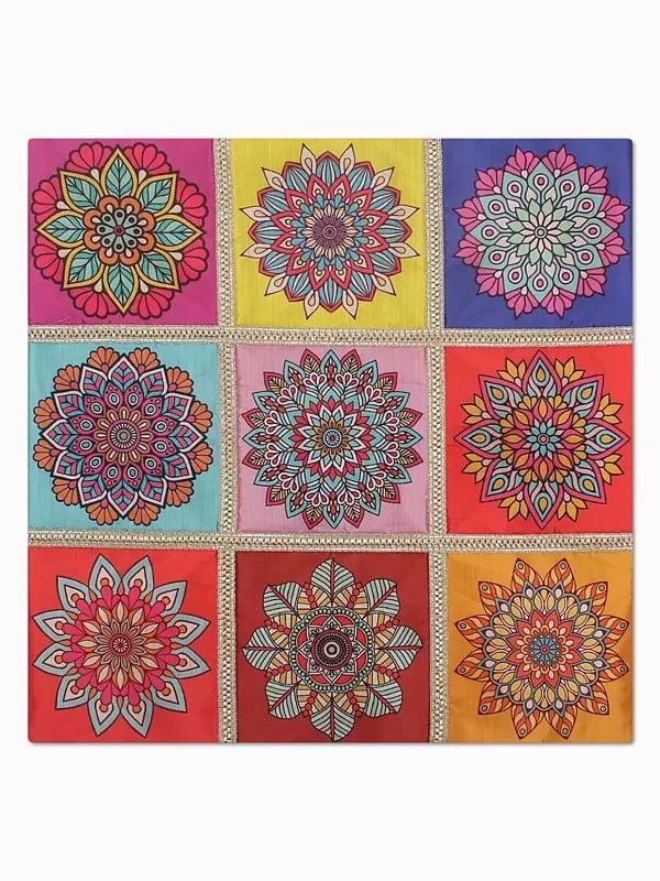 Exotic India Multicolor Patchwork Chakra Printed Cushion Cover With Gota Patti 