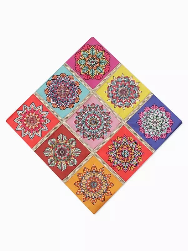 Exotic India Multicolor Patchwork Chakra Printed Cushion Cover With Gota Patti 