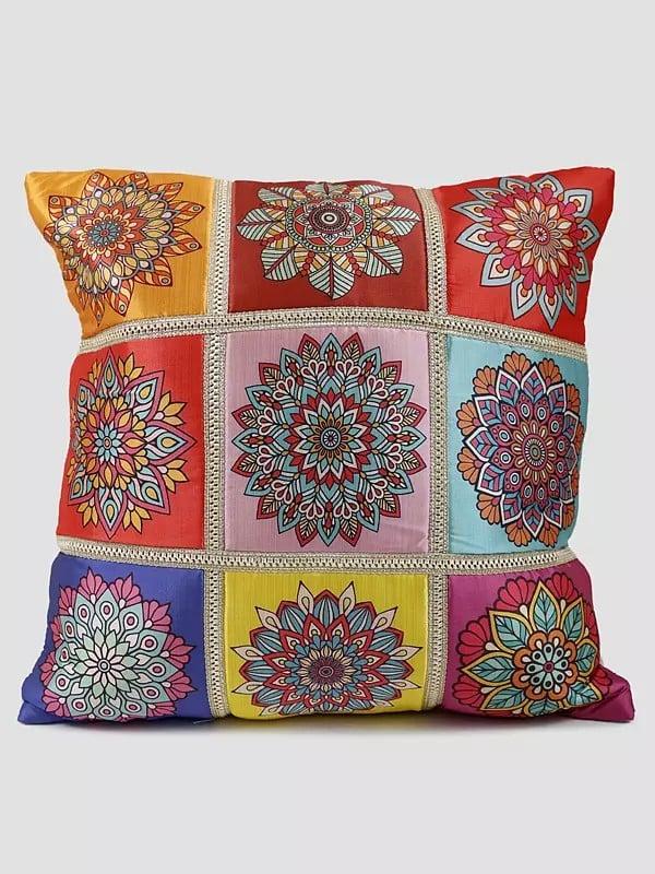 exotic india Multicolor Patchwork Chakra Printed Cushion Cover with Gota Patti 
