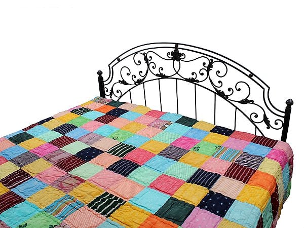 Exotic India Multicolor Patchwork Kantha Styled Reversible Bedding Quilt From Jodhpur 