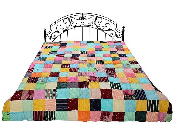 exotic india Multicolor Patchwork Kantha Styled Reversible Bedding Quilt from Jodhpur 