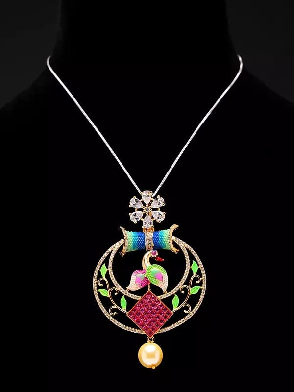 Exotic India Multicolor Peacock Pendant And Earring Set With Pearl Drop