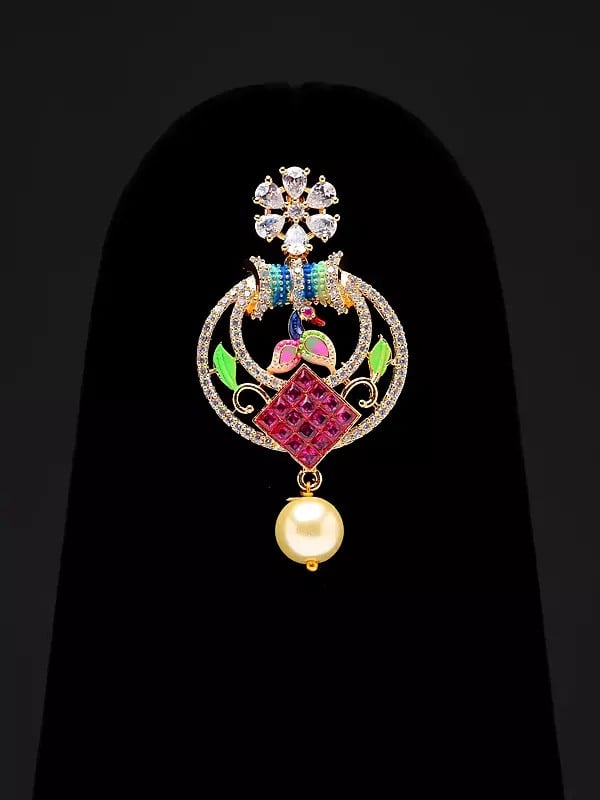 Exotic India Multicolor Peacock Pendant And Earring Set With Pearl Drop