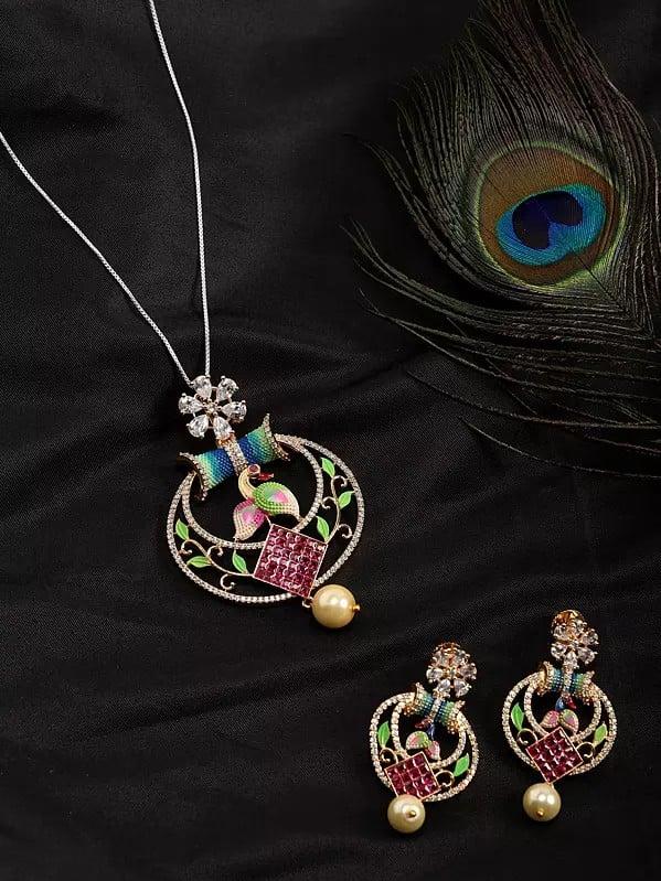 Exotic India Multicolor Peacock Pendant And Earring Set With Pearl Drop