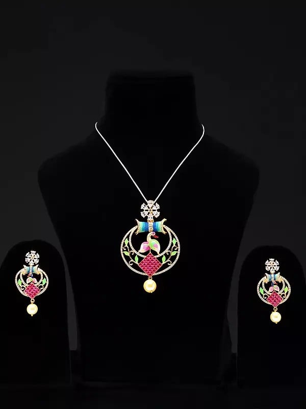 exotic india Multicolor Peacock Pendant and Earring Set with Pearl Drop