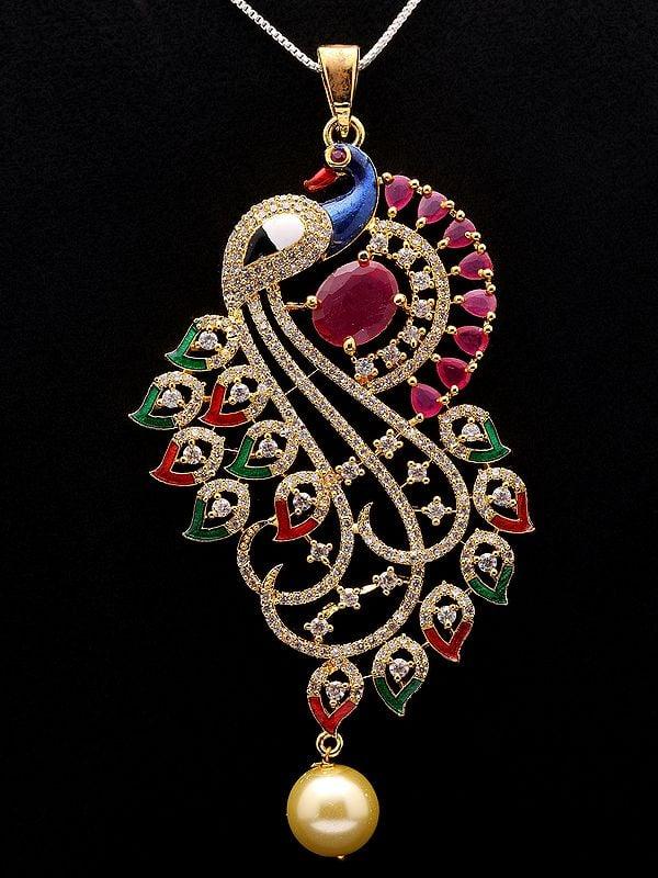Exotic India Multicolor Peacock Pendant And Earrings Set With Pearl Drop 
