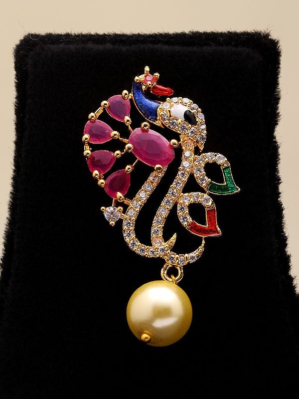Exotic India Multicolor Peacock Pendant And Earrings Set With Pearl Drop 