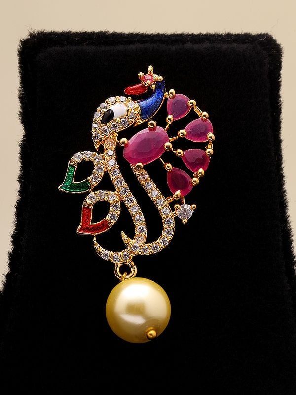 Exotic India Multicolor Peacock Pendant And Earrings Set With Pearl Drop 