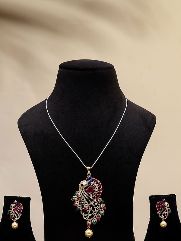 exotic india Multicolor Peacock Pendant and Earrings Set with Pearl Drop 