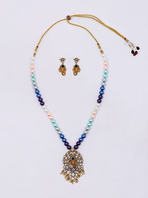 Exotic India Multicolor Pearl Strand Lord Ganesha Face Necklace Set With Earrings