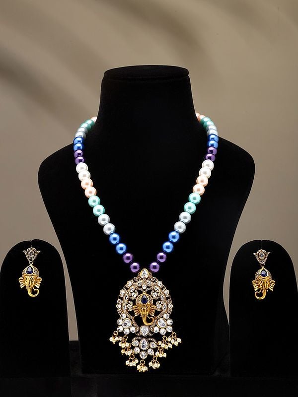 exotic india Multicolor Pearl Strand Lord Ganesha Face Necklace Set with Earrings 