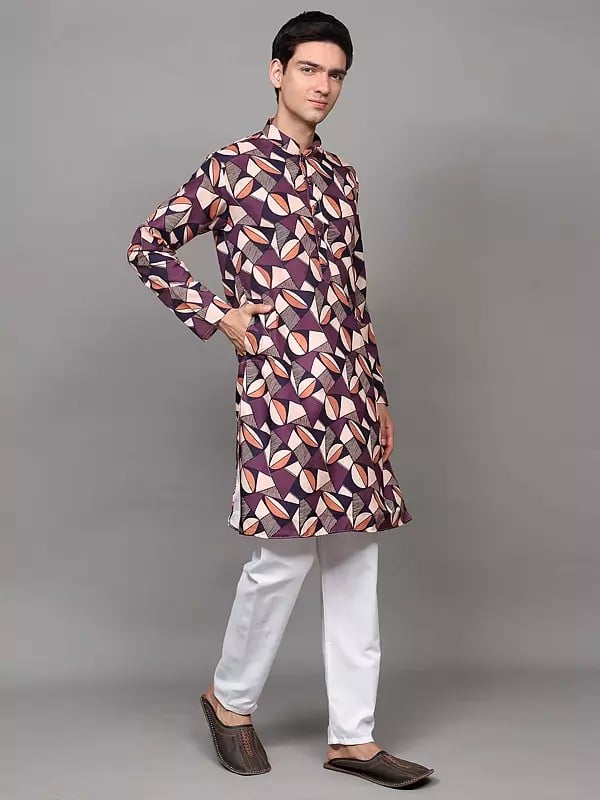 Exotic India Multicolor Printed Abstract Pattern Kurta With Plain Pant Style Pajama