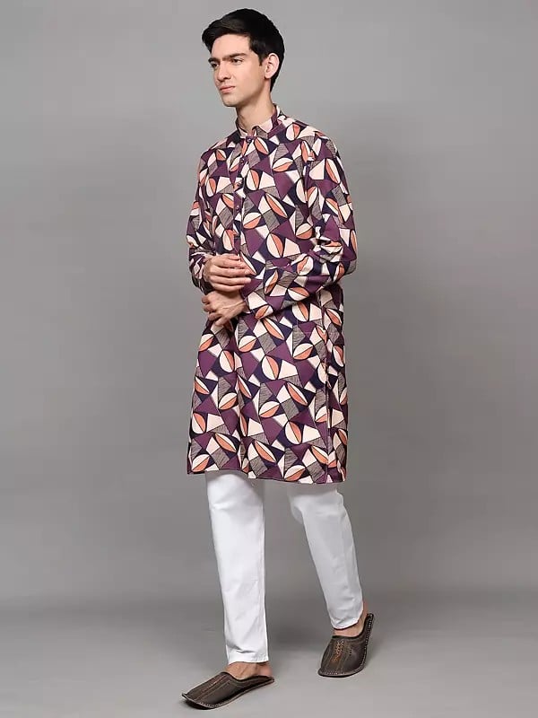 Exotic India Multicolor Printed Abstract Pattern Kurta With Plain Pant Style Pajama