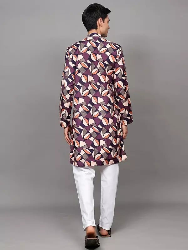 Exotic India Multicolor Printed Abstract Pattern Kurta With Plain Pant Style Pajama