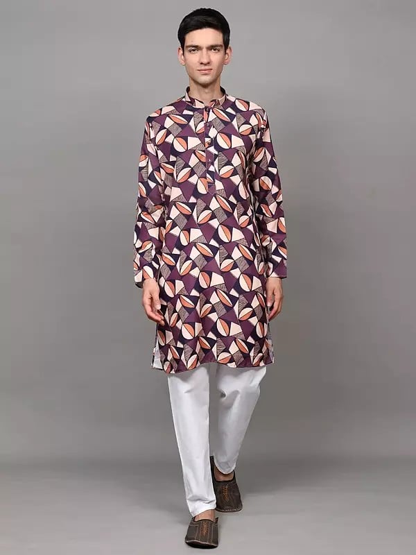 exotic india Multicolor Printed Abstract Pattern Kurta with Plain Pant Style Pajama 