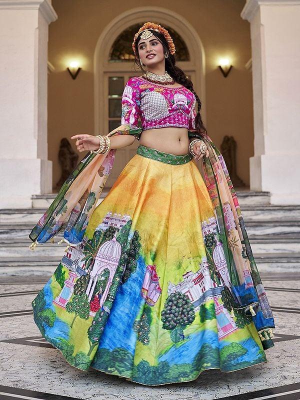 Exotic India Multicolor Printed Elegant Art Silk Party Wear Lehenga Choli With Matching Organza Dupatta 