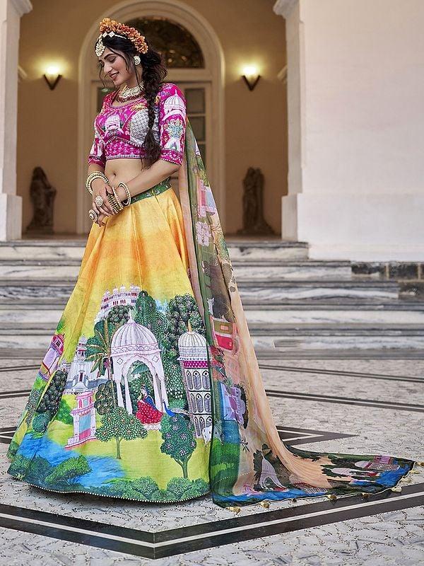 Exotic India Multicolor Printed Elegant Art Silk Party Wear Lehenga Choli With Matching Organza Dupatta 