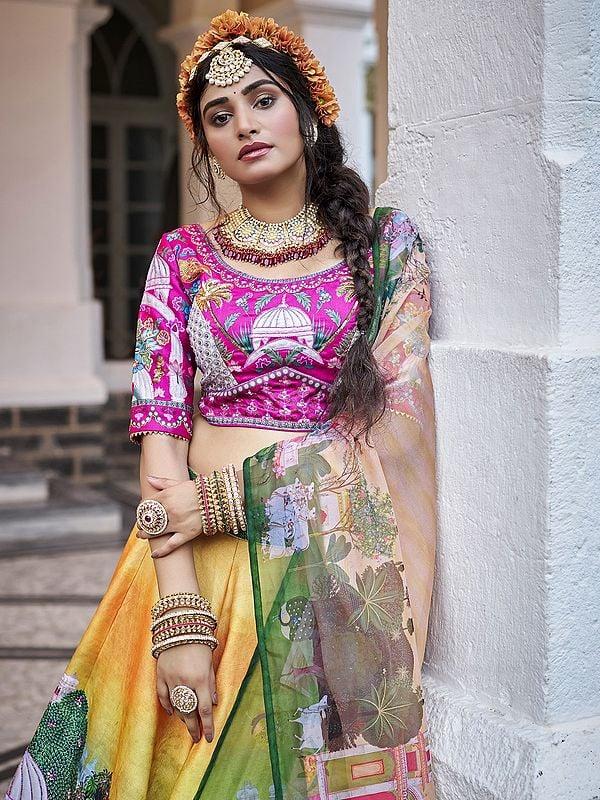 Exotic India Multicolor Printed Elegant Art Silk Party Wear Lehenga Choli With Matching Organza Dupatta 