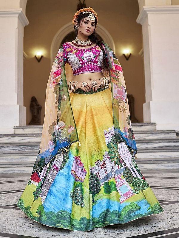 exotic india Multicolor Printed Elegant Art Silk Party Wear Lehenga Choli With Matching Organza Dupatta 