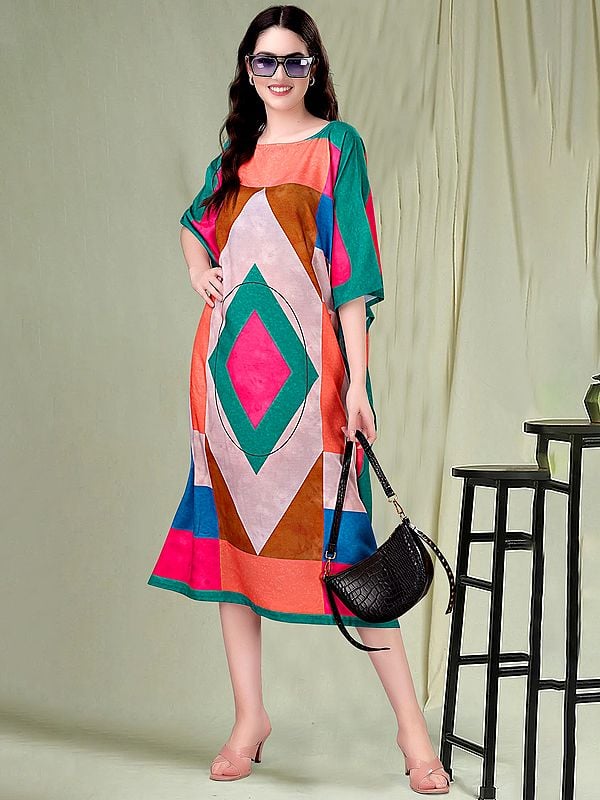 Exotic India Multicolor Printed Rayon Boat Neck Midi Kaftan 