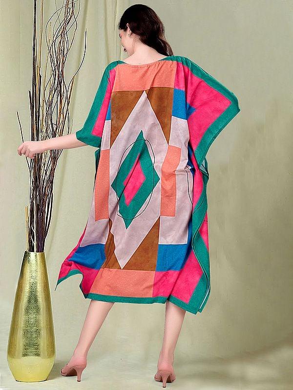 Exotic India Multicolor Printed Rayon Boat Neck Midi Kaftan 
