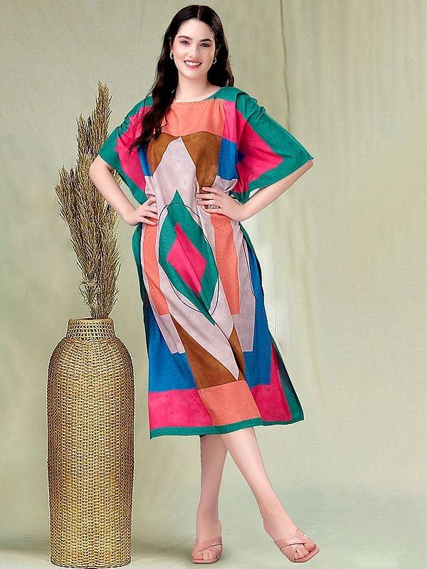 exotic india Multicolor Printed Rayon Boat Neck Midi Kaftan 