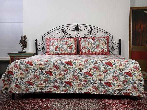 Exotic India Multicolor Pure Cotton Queen Size Bedsheet With Floral Vines Printed And Two Pillow Cover