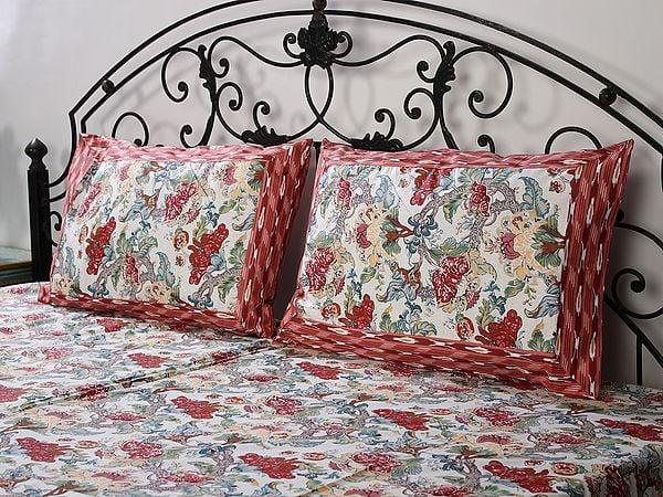 Exotic India Multicolor Pure Cotton Queen Size Bedsheet With Floral Vines Printed And Two Pillow Cover