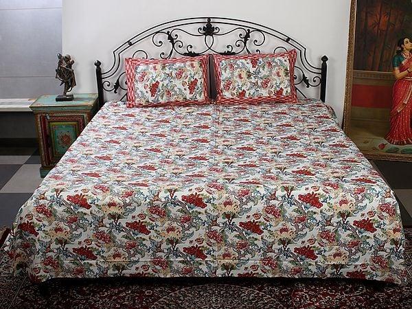 exotic india Multicolor Pure Cotton Queen Size Bedsheet with Floral Vines Printed and Two Pillow Cover 