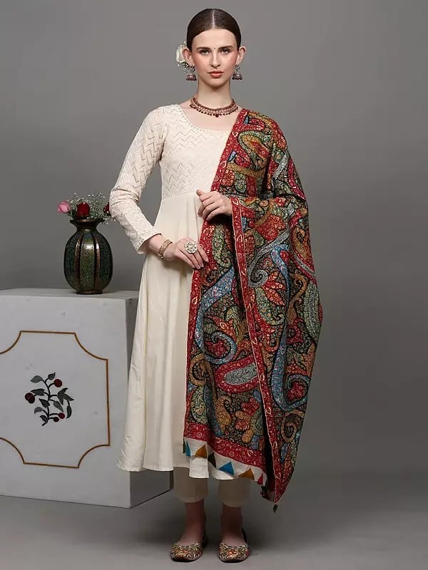 Exotic India Multicolor Pure Pashmina Shawl With Intricate Embroidered Paisleys And Flowers By Hand 