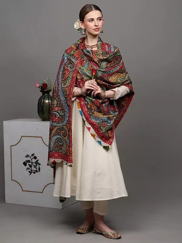 Exotic India Multicolor Pure Pashmina Shawl With Intricate Embroidered Paisleys And Flowers By Hand 