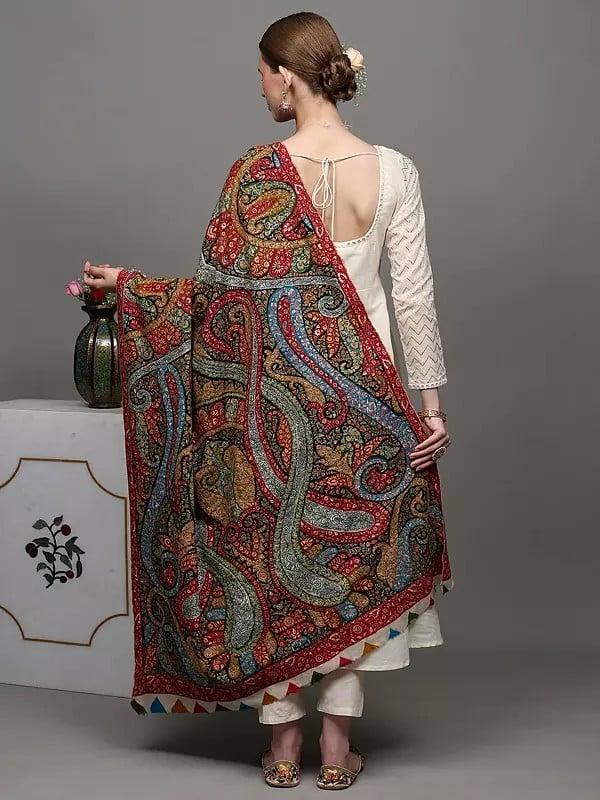 Exotic India Multicolor Pure Pashmina Shawl With Intricate Embroidered Paisleys And Flowers By Hand 
