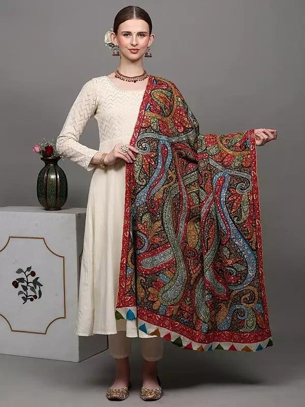 exotic india Multicolor Pure Pashmina Shawl with Intricate Embroidered Paisleys and Flowers by Hand 
